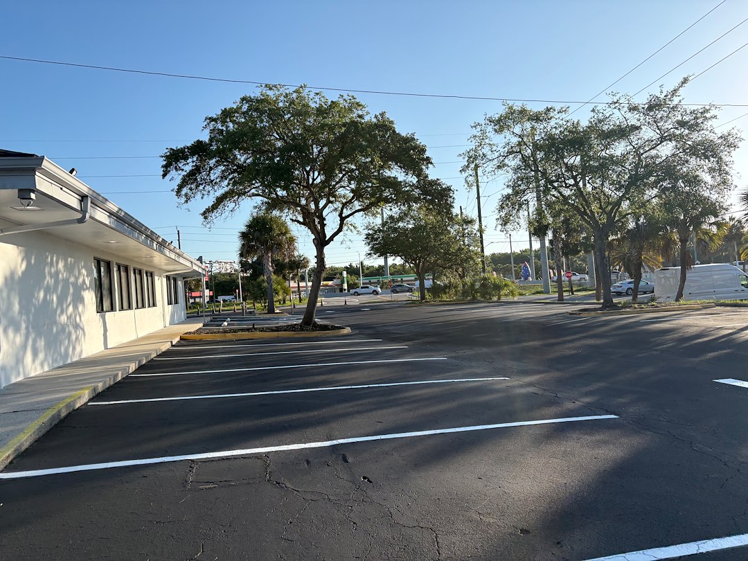 Reclaiming asphalt parking lot sealcoating and repair asphalt patching was needed removal of grass and encroaching debris air clean wire brush and scrub blacktop prior to seal coating and striping